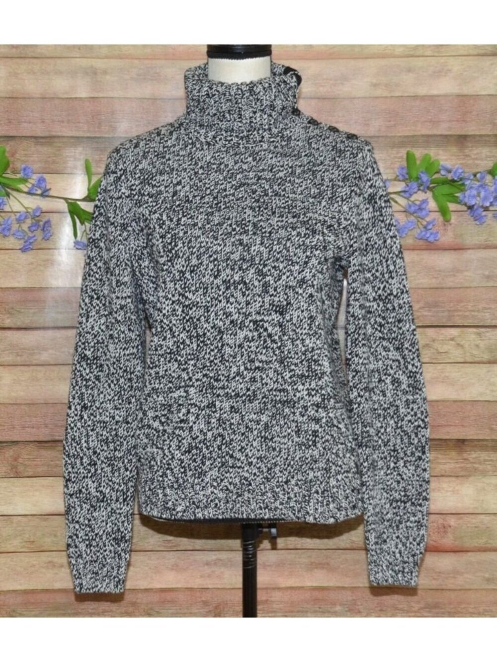 Chaps Black & White Marled Turtleneck Sweater Button Detail Size L Cotton Blend
